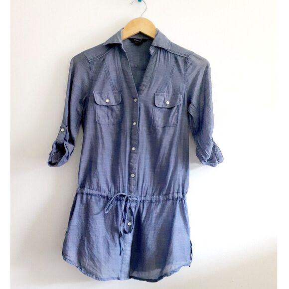 Paper Tee 100% Cotton Light Chambray Drawstring Waist Button TShirt Tunic Dress - Picture 3 of 12